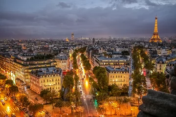 Abwaschbare Fototapete Eiffelturm 흐린날 저녁 개선문 위에서 바라본 에펠탑과 파리 시내