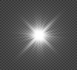Special lens flash, light effect. The flash flashes rays and searchlight. illust.White glowing light. Beautiful star Light from the rays. The sun is backlit. Bright beautiful star. Sunlight. Glare.	
