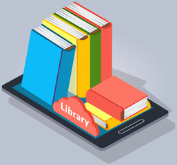 Digital online library in smartphone with app, ebook. Distance education with modern technology application in phone. Screen with stack of multicolored books, electronic textbooks, distance education
