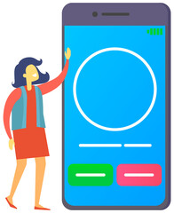 Woman stands near big smartphone with incoming call on display. Calling service, Communication connect concept, black mobile phone and female character vector illustration on white background