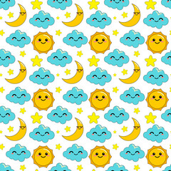 Obraz premium Pattern for children with moon, cloud, sun, and stars in cartoon style. On white background.