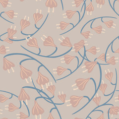 Nature vintage seamless pattern with random bell flowers ornament. Pastel pink and purple tones backdrop.