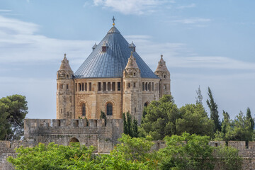 Obraz premium Dormition Abbey, Location of Last Supper Dormition Abbey. Ancient buildings outside the walls of Jerusalem's Old City. Travel photo