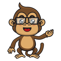 Funny Little monkey cartoon characters wearing eyeglasses and show direction with hand gesture, good for sticker of directions in the safari park