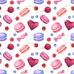 Seamless pattern with watercolor colorful macaroons and berries isolated on white background.