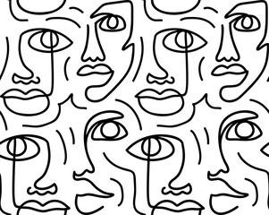 Abstract one line seamless pattern. Continuous Outline background with female faces. Modern Woman aesthetic contour. Fashion print. Surreal texture.