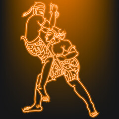 Neon muay thai on black background. This style is called Break the neck of an elephant. Thai language is called Hak Kor Chang Erawan.