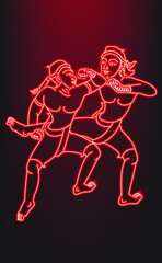 Neon muay thai on black background.1 of 15 styles of Look Mai Muay Thai. This style is called giant rolls the land. Thai language is called Hirant Muan Phan Din.Vector illustration.