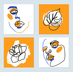 Surreal Face painting. One Line art posters. Female contour silhouette, rose, monstera leaf. Continuous drawing. Abstract woman Contemporary vector portraits.