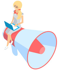 Big megaphone with a small woman watching news. Professional marketer makes advertising to attract attention. Business promotion, online alerting, loudspeaker speaks for communication with clients