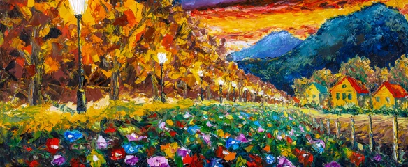 Extra breites Panorama der ländlichen alten Nachtdorf-Stadtbildmalerei © weris7554