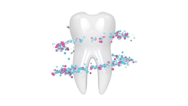 Seamless looping animation of tooth with rotating around particles . Tooth freshness concept.