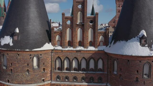 Aerial view of the Holsten Gate in L&uuml;beck after snowing