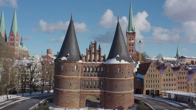 Aerial view of the Holsten Gate in L&uuml;beck after snowing