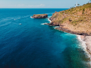 Aerial view of landscape with blue sea in East Bali