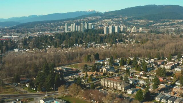 Aerial flying over picturesque Coquitlam in Greater Vancouver, Canada.