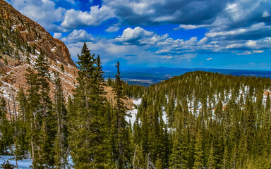 Panorama of winter mountains, snow-covered slopes of Pikes Peak mountains, Colorado, US