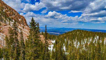 Panorama of winter mountains, snow-covered slopes of Pikes Peak mountains, Colorado, US