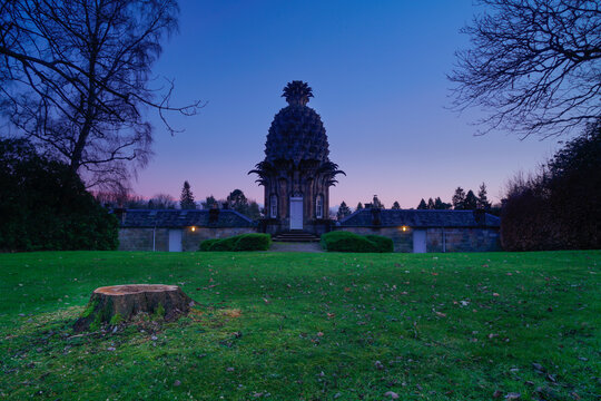  The Dunmore Pineapple summer house building at sunset, Airth, Falkirk, Scotland.taken 