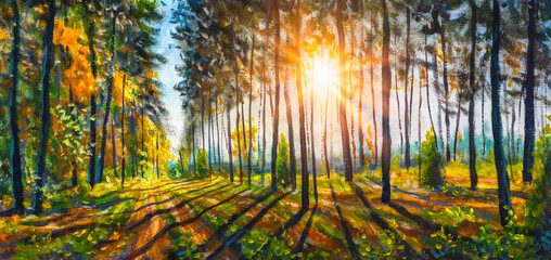 Extra Wide Panorama Of Gorgeous Spring sunny summer Forest landscape  painting