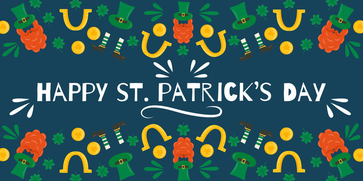 Banner for St. Patrick's day with leprechaun head mask, clover, coin, horseshoe, gnome hat ang shoes. Design for greeting or post card,festive invitation, flyer, decoration, pub menu.