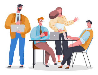 Businessmen dressed in formal clothes are sitting at the table with laptops and talking. Office workers discussing matters. Business meeting and consideration of working issues. Friendly team work