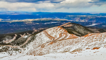 Winding road, serpentine in the mountains up to the Pikes Peak Mountain, Colorado, US