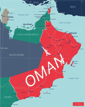 Oman country detailed editable map with regions cities and towns, roads and railways, geographic sites. Vector EPS-10 file
