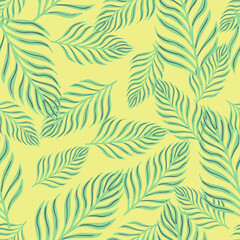 Fototapeta na wymiar Random seamless pattern with hand drawn blue colored fern leaf shapes. Light yellow background.