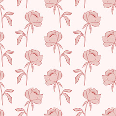 Hand drawn line art seamless pattern with peony flowers. Line art floral background for wedding design, Valentines day, romantic holidays. Contemporary vector pattern with delicate peony flowers