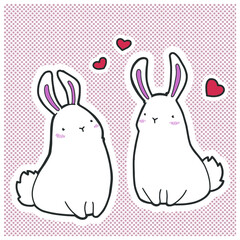 White rabbits. Two rabbits in love surrounded by red hearts. Cartoon characters. Art for valentine's day, easter, mother's day. 