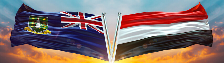British Virgin Islands Flag and Yemen ٱلجمهوريه ٱليمنيه flag waving with texture sky Cloud and sunset Double flag © Flag Store