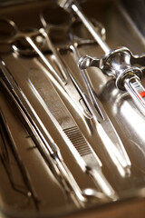 Fototapeta premium Hospital medical tools, syringe on white background 