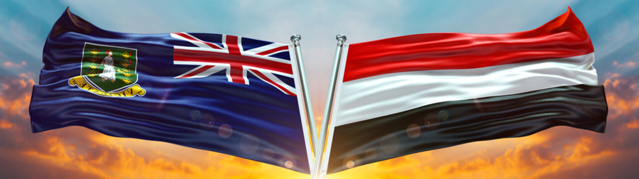 British Virgin Islands Flag and Yemen ٱلجمهوريه ٱليمنيه flag waving with texture sky Cloud and sunset Double flag