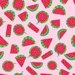 Watermelon slices on pink seamless pattern stock vector illustration. Cartoon geometry shaped fruit slices isolated on light pink endless texture. Summer red and green cute watermelon pattern