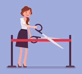 Ribbon cutting ceremony with giant scissors by young businesswoman. Woman starting business, launching new products, project opening event, commercial promotion. Vector flat style cartoon illustration