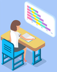 Businesswoman working at desk analyzing financial statistics. Female professional marketer studies information about metrics. Girl student sits with sheet of paper and writes data. Business analysis
