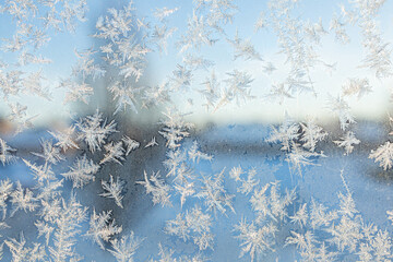 Eisblumen an Fensterscheibe im Winter