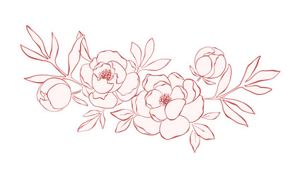 Hand drawn line art peony arrangement. Elegant floral composition for wedding design and romantic holiday. Line art pink peony bouquet. Botanical hand drawn design element isolated on white background
