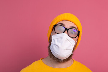 Medical mask and Glasses fogging. Coronavirus prevention, Protection. Problems due to wearing a face shield during a pandemic