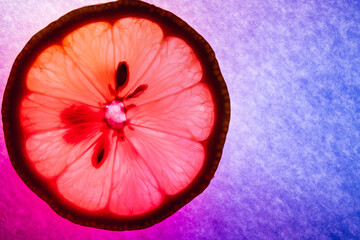 Lemon thin slice, macro capture, colorfully illuminated and back lit