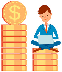Business man sitting with laptop on big pile of stacked money and golden coins, planning investments activities. Successful financial action of entrepreneur. Profit, dividends from bank contribution