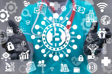 Medical and pharmacy concept of bitcoin crypto currency payment.
