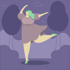 Beautiful plus size woman dancing in park. Urban city park background. Body positive concept. Flat vector illustration.  