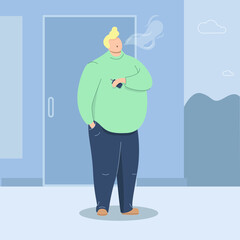 Modern plus size man smoking vape standing at the store. Body positive concept. Flat vector illustration.  