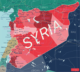 Syria country detailed editable map with regions cities and towns, roads and railways, geographic sites. Vector EPS-10 file