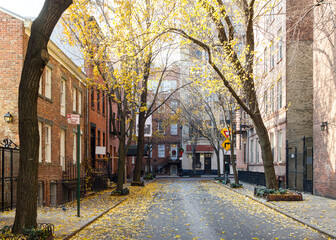 Colorful fall trees line Commerce Street in the historic West Village neighborhood of Manhattan, New York City