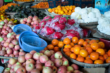 Fresh fuit and vegetables on display at a local street market in Yangon, Myanmar