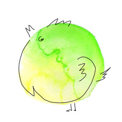 Spot watercolors doodle green bird on white background art