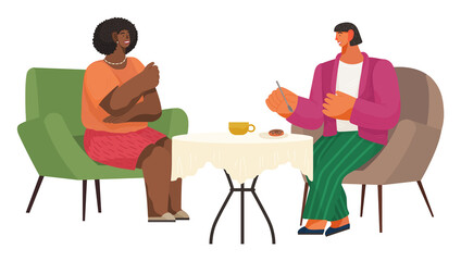 Tasty dinner at home vector illustration. Couple eating donut and drinking tea. Girlfriend and boyfriend sitting on couches cartoon characters. Joint nutrition isolated on the white background